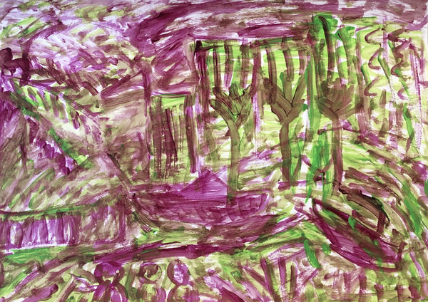 Uddin’s paintings – done in gouache on paper – shimmer with expressive colour. Their characteristic short, dynamic brushstrokes impart a compelling energy to each scene