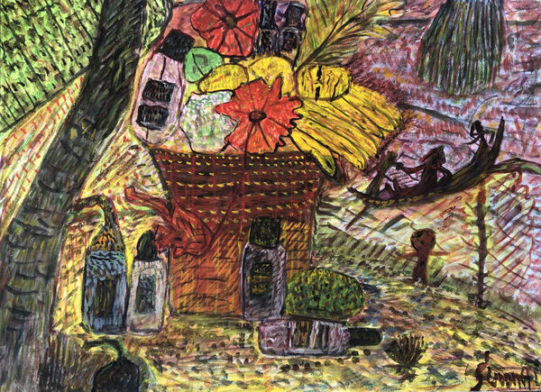 Uddin’s paintings – done in gouache on paper – shimmer with expressive colour. Their characteristic short, dynamic brushstrokes impart a compelling energy to each scene