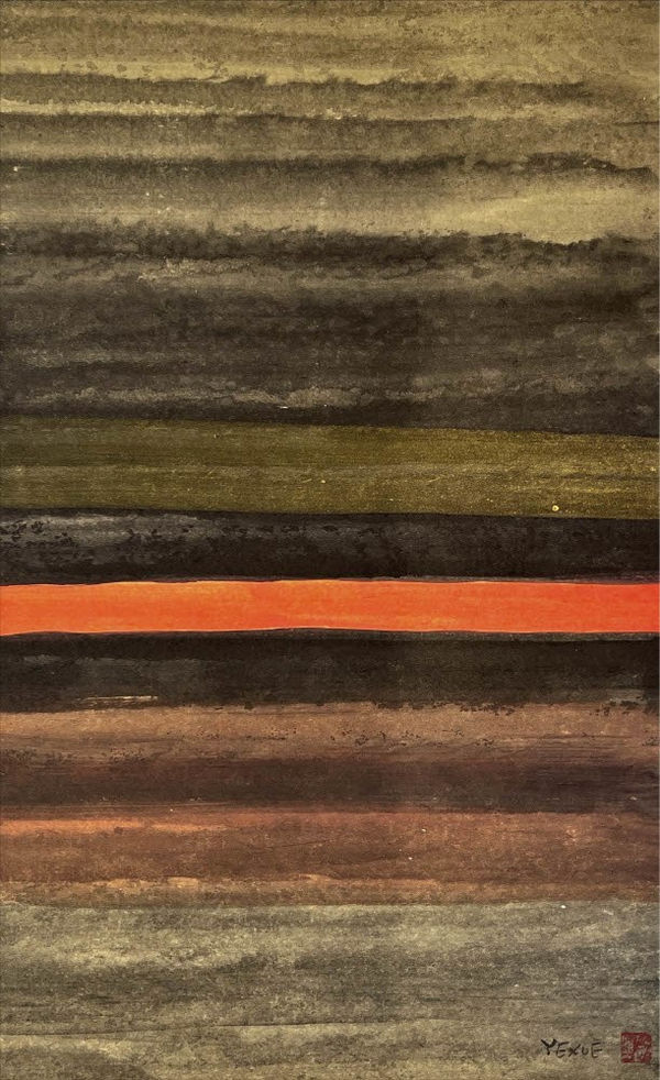Ye Xue ink artwork with orange, green, and black lines