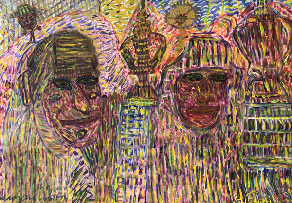 Uddin’s paintings – done in gouache on paper – shimmer with expressive colour. Their characteristic short, dynamic brushstrokes impart a compelling energy to each scene