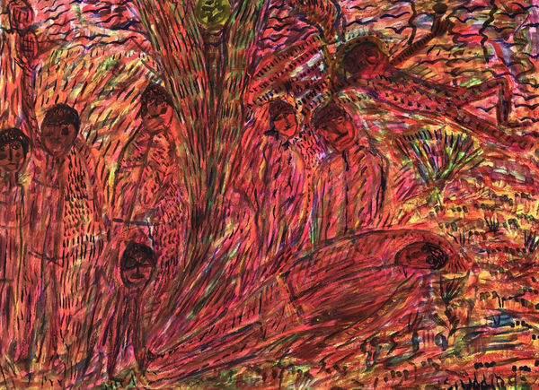 gouache paint on paper by Shafique Uddin of men in red as a group on a red background available at Rebecca Hossack Art Gallery