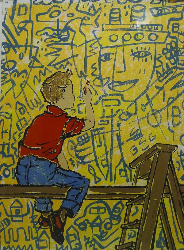 David Bromley, Boy Doodling on Yellow Wall, 2010