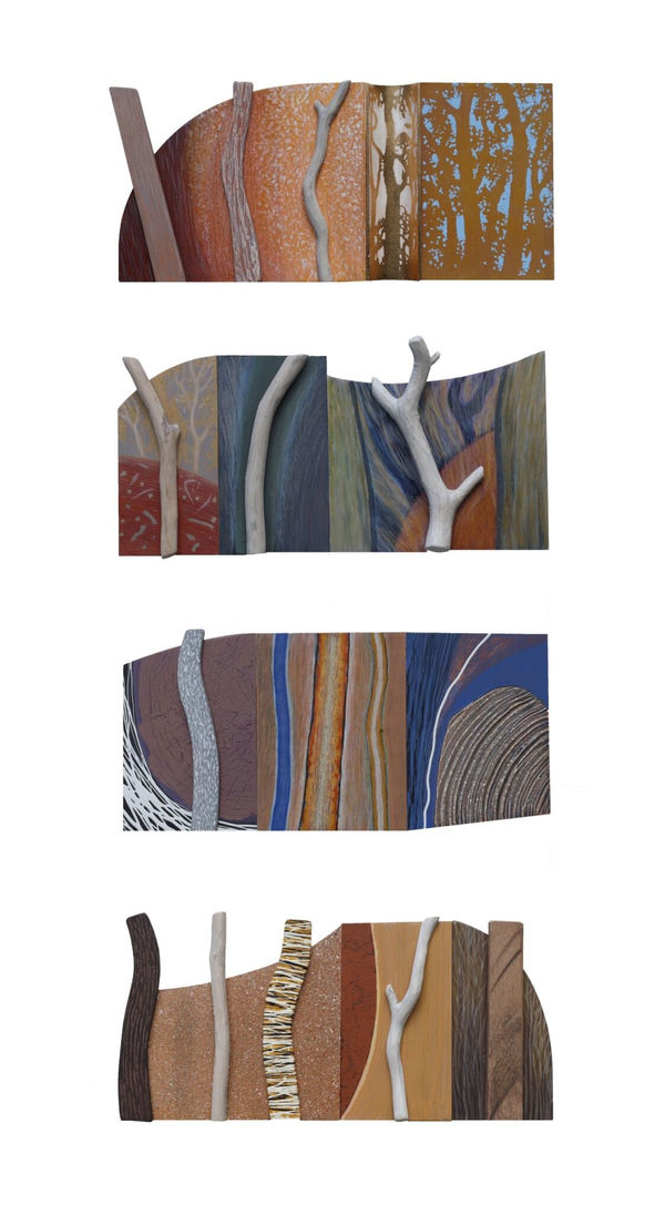 Peter Usher Bush Poem - Time Lapse , 2025 Acrylic, oil, artist pencil, gild on board, PVC & natural timber 17.5 x 38 cm (each) 6 7/8 x 15 in