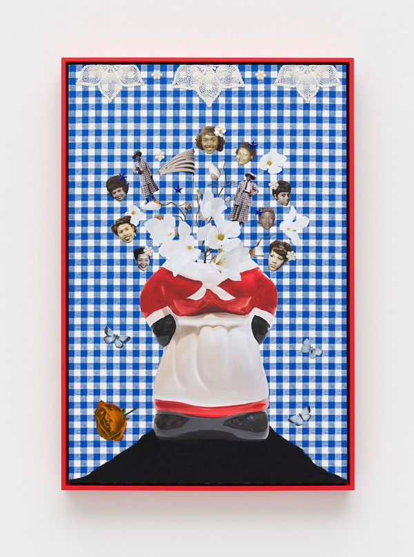 Genevieve Gaignard And Still We Bloom: Black Girl Magic Is Sometimes Blue, 2022 Mixed media collage on panel 37x25 in (framed) 94.6x64x (framed)