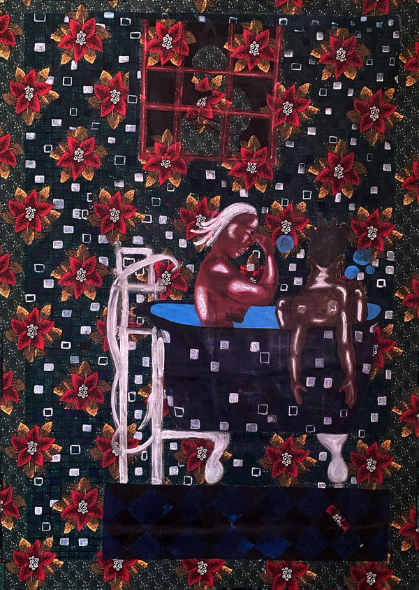 David Oba-Fidelis We've been here before, 2024 Acrylic on african wax print 58 x 39 in 147.3 x 99.1 cm