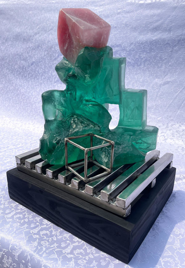 Bakare Sheriff Baggage Claim, 4 , 2024 Rose quartz, glass and stainless steel 16 x 11 x 13 in 40.6 x 27.9 x 33 cm