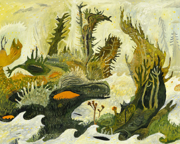 Shades of green, white, yellow, and orange forrest with a light sky and ground.