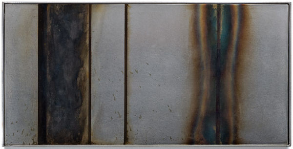 Grey/silver background with brown vertical bars. Two of which are wide, and one rusty