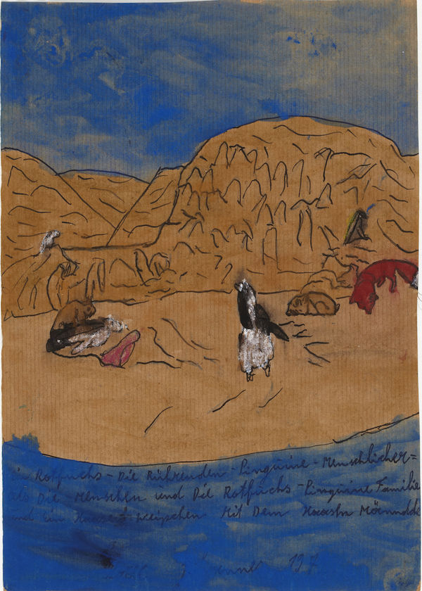Tanned mountains with blue skies above and blue water below. There is a bent over person and various animals are at the foot of the mountain.