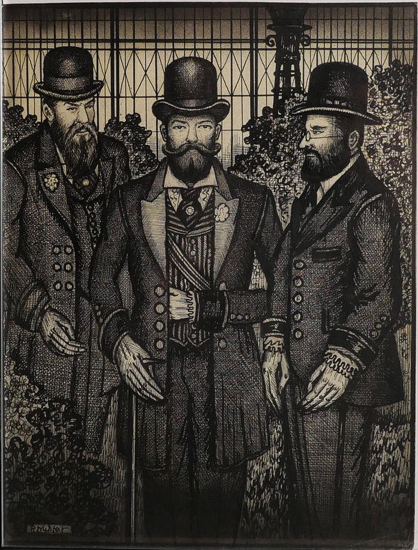 Black and white drawing of three bearded men in full three-piece suits with bowler hats.