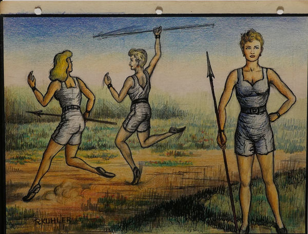 Three people in short blue jumpers holding javelins in a field covered in green grass.