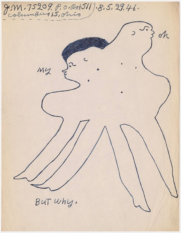 Simple black and white drawing of a thing with two heads, no arms, and four legs. Writing is above and "Oh", "My", and "But Why are written around it.