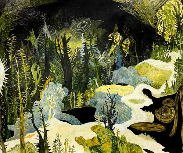 Shades of green, yellow, blue and black depiction of a forrest with a dark sky above.