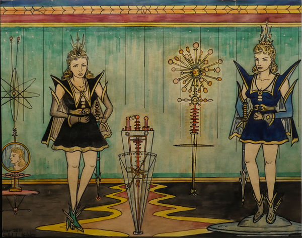 Two blonde women wearing short futuristic dresses with pointed shoulders and capes. They are standing in a room with blue walls filled with various futuristic devices.