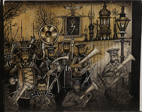 Black, grey, and yellow depiction of several bearded men in military uniforms forming a marching band with various brass instruments.