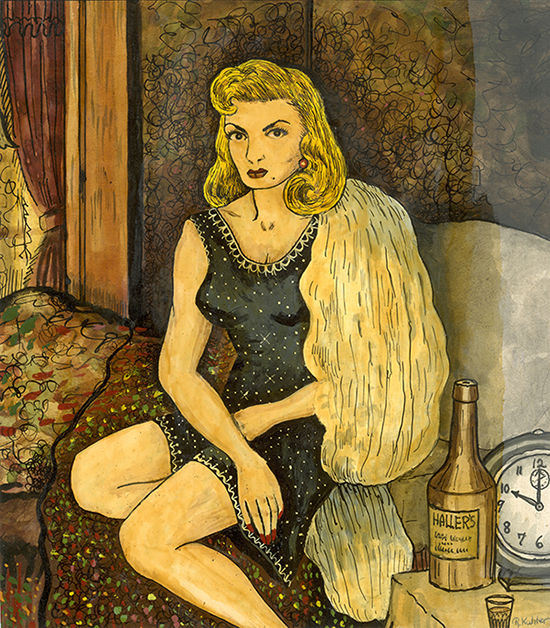 Blonde woman in a blue and white spotted dress, sitting on a bed. There is a nightstand with a bottle and clock on top of it.