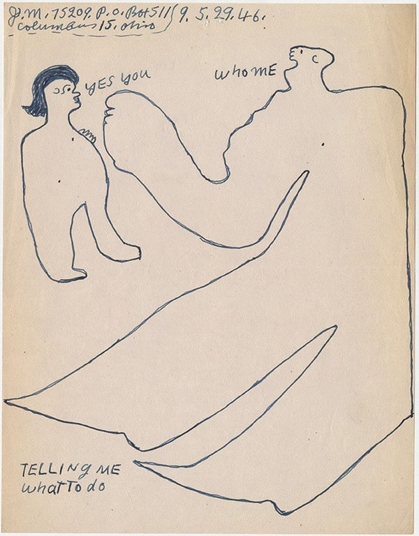 Simple black and white drawing of a small person facing a very large person.