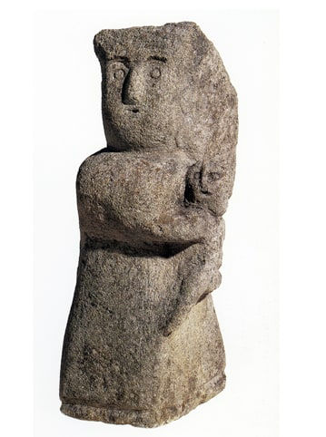 Very simple sculpture of a woman holding a small child.