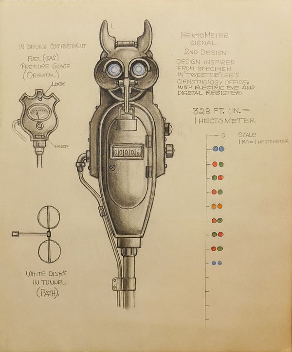 Schematic drawing of some sort of a metered device that looks like an owl. It is drawn on aged paper with a yellow hue and pencil writing around it.