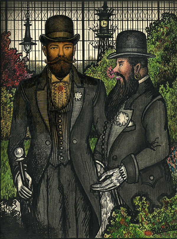 Two bearded men standing together in black three-piece suits and bowler hats, surrounded by green bushes.