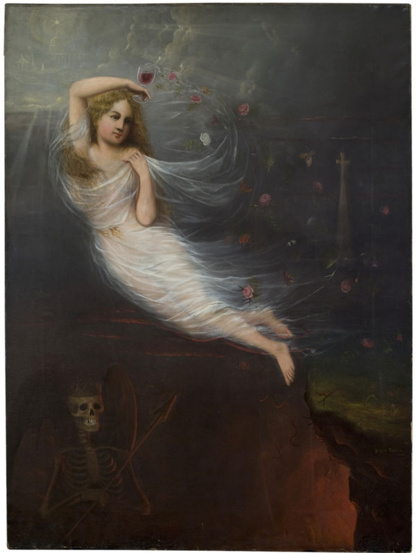 Blonde girl wrapped in white fabric floating through the air, holding a glass of red wine, with a trail of roses behind her. There is a skeleton holding a spear in the dark earth under her.