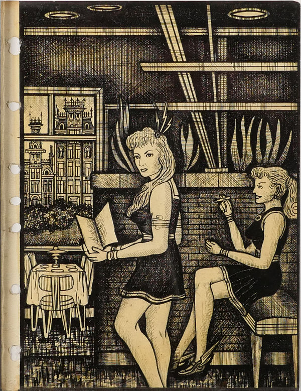 Two women wearing short black dresses. They are indoors with a large gothic building visible through the window. One of the women is standing holding an open book, the other is sitting with a cigarette in hand.