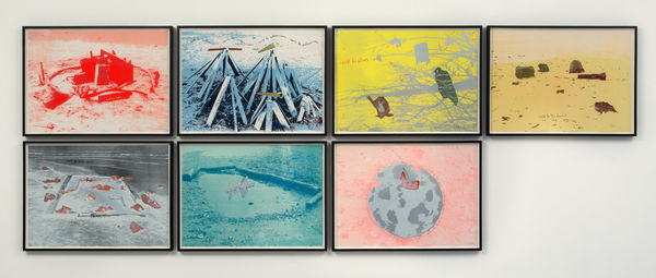 Robert FILLIOU 7 Childlike Uses of Warlike Material: A Contribution to the Art of Peace (Ein Beitrag zur Kunst des Friedens), 1971 Set of 7 handprinted screenprints (Portfolio) 55.2 x 75.2 cm: (sheet) 49.5 x 69.5 cm Edition 89 of 100