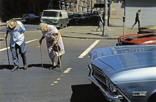 Helen Levitt, Untitled, New York (old couple crossing street), 1976