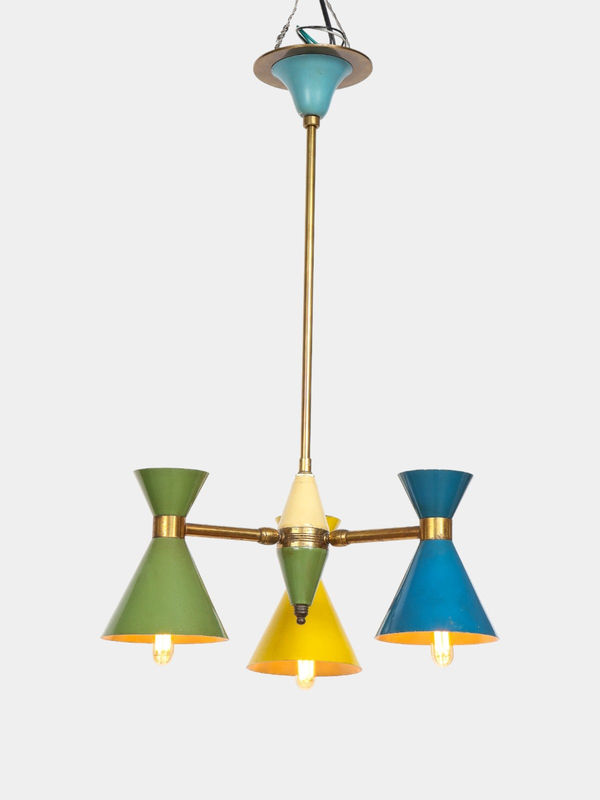 Vintage Chandelier in Brass and Enamel