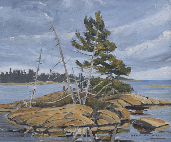 "Georgian Bay, Point Au Baril" by John Angus Palmer, painted in 1970, is a landscape painting capturing the rugged beauty of Georgian Bay, located in Ontario, Canada.