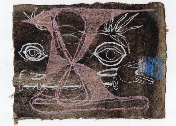 Gosia Walton I want to be a tree 13, 2025 Ink, coloured pencils, gouache on Amate bark paper, mounted on black foam board 15 x 20 cm