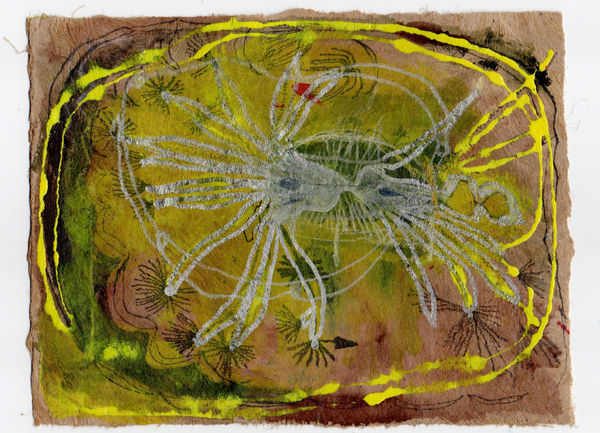 Gosia Walton I want to be a tree 9, 2025 Ink, coloured pencils, gouache on Amate bark paper, mounted on black foam board 15 x 20 cm