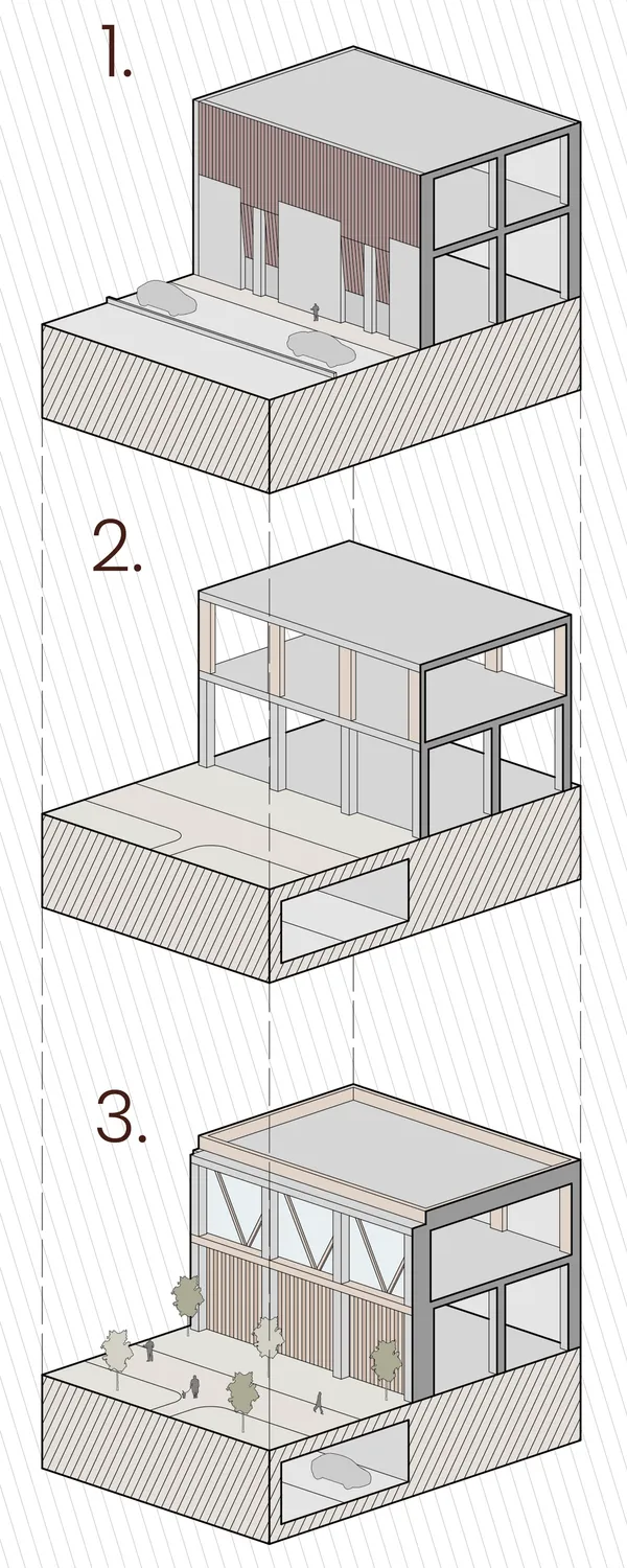 Ben McCaffery & Lisa MacRae Façade Reuse Diagram, 2026 Mounted print