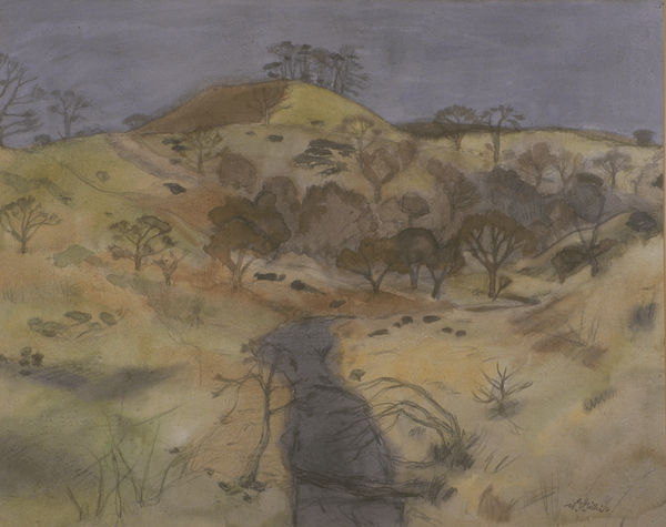 William Gillies RSA A Wooded Glen, Winter watercolour and pencil