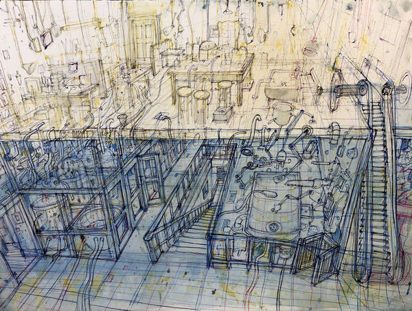 Robbie Bushe RSA The Laboratory Under the Office, 2018 gouache, dip pen and wash on paper 94 x 75 cm