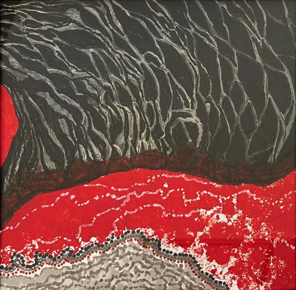 Sam Ainsley RSA The Cave with Lava Mixed media on board Artwork: 20 x 20 cm Framed: 23 x 23 cm