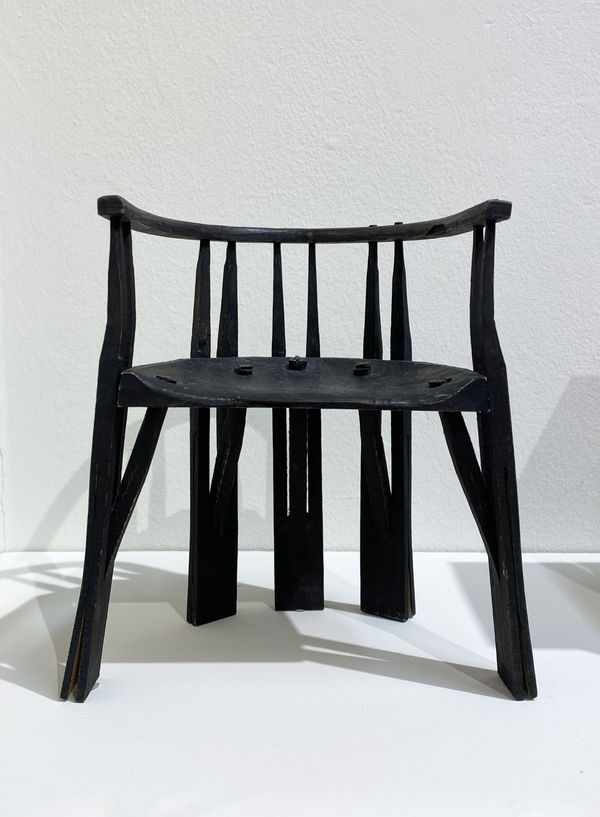 Keith Rand RSA Untitled maquette for a five-legged arm-chair, around 1980-89 Oak (steam-bent and hand carved) and copper roves stained in black milk paint