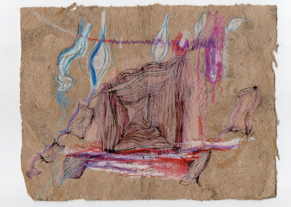 Gosia Walton I want to be a tree 12, 2025 Ink, coloured pencils, gouache on Amate bark paper, mounted on black foam board 15 x 20 cm