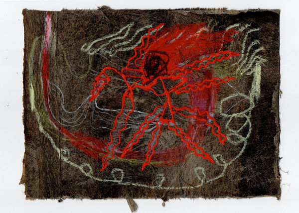 Gosia Walton I want to be a tree 5, 2025 Ink, coloured pencils, gouache on Amate bark paper, mounted on black foam board 15 x 20 cm