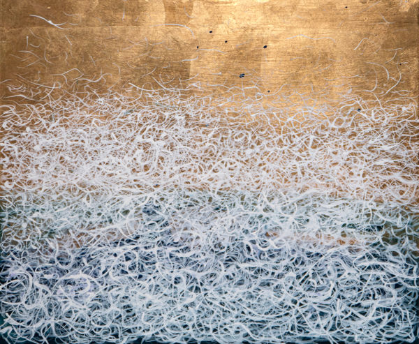 Samantha Clark Windy Summer Evening, Marwick, 2024 Acrylic and brass leaf on cradled board 51 x 61 cm