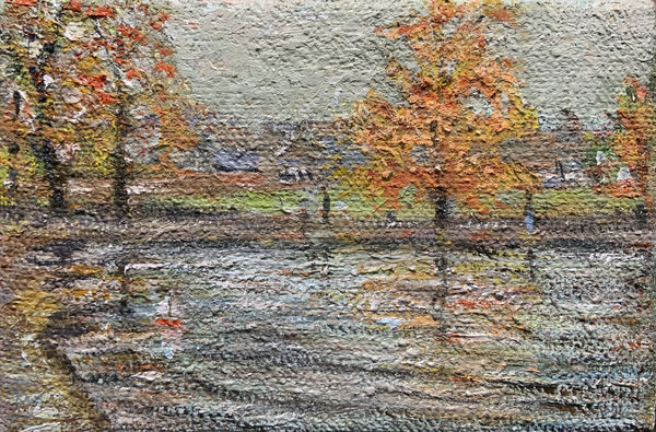 Henry Kondracki RSA Inverleith Pond Oil on jute 15 x 22 cm