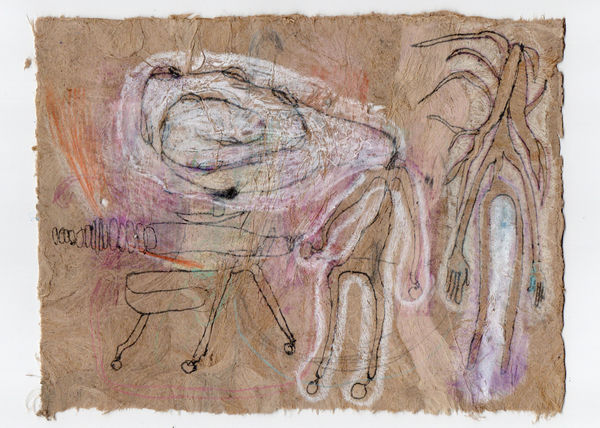 Gosia Walton I want to be a tree 15, 2025 Ink, coloured pencils, gouache on Amate bark paper, mounted on black foam board 15 x 20 cm