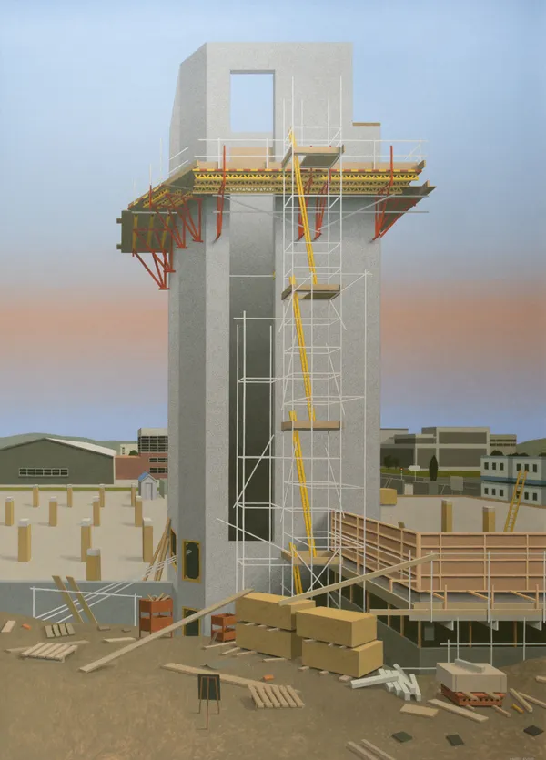 David Evans RSA Building the Tower Acrylic on board Image: 122 x 85 cm Frame: 145 x 105 cm