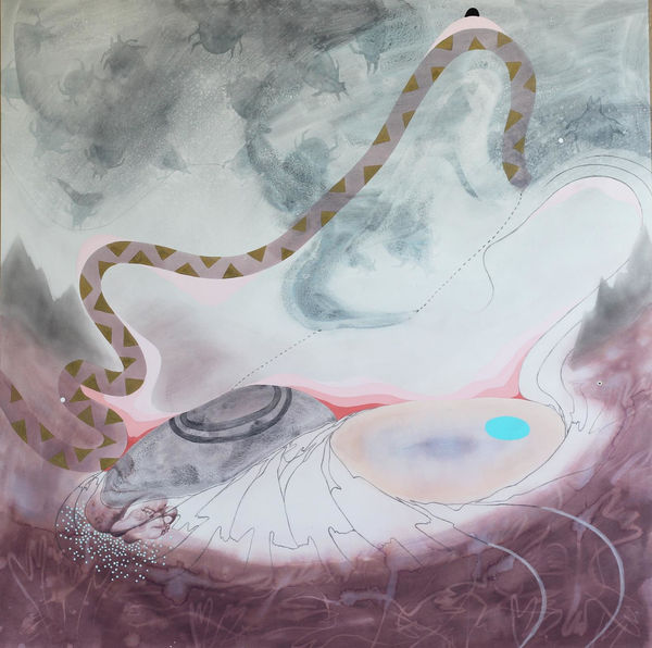 Gemma Petrie Surface Worlds, Liquid Worlds and Underworlds, 2023 Watercolour and mixed materials on watercolour paper Unframed: 101 x 101 x 1 cm Framed: 115 x 115 x 3 cm