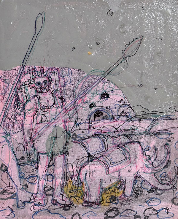 Robbie Bushe RSA Hunters, 2019 mixed media on panel 13 x 15 cm