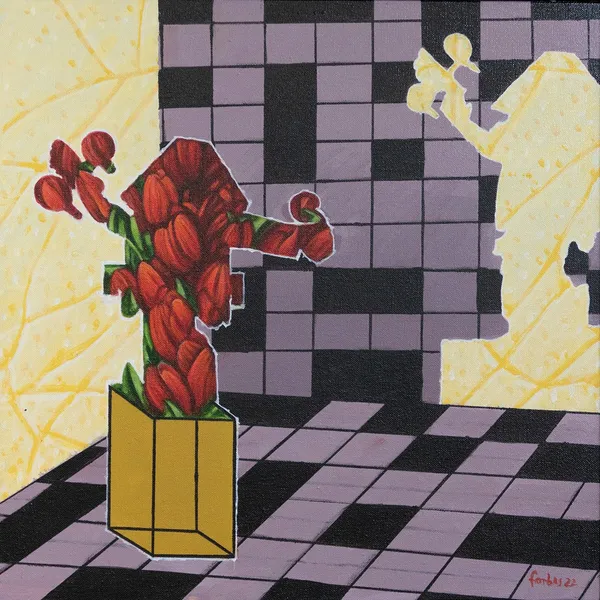 Ronald Forbes RSA Everyman: Searcher Variation: Flowers Puzzle Void, 2022 Acrylic on linen on board 51 x 51 cm