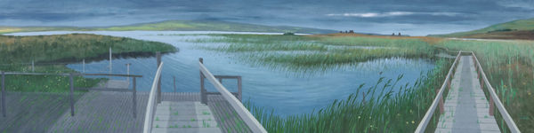 Frances Walker RSA Crossing to Finlaggan, 2001 Oil on wood panel 60 x 244 cm