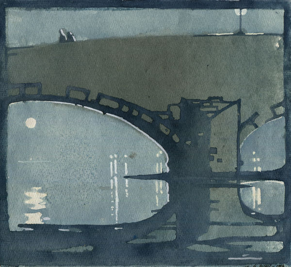 William Gillies RSA Old Bridge, Haddington, 1916 coloured linocut on paper 18.7 x 20.4cm
