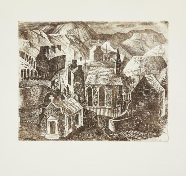 William Wilson RSA, printed by Leena Nammari RSA (Elect) Welsh Village, 2019 [1940] Etching and drypoint Image: 23.5 x 29.1 cm