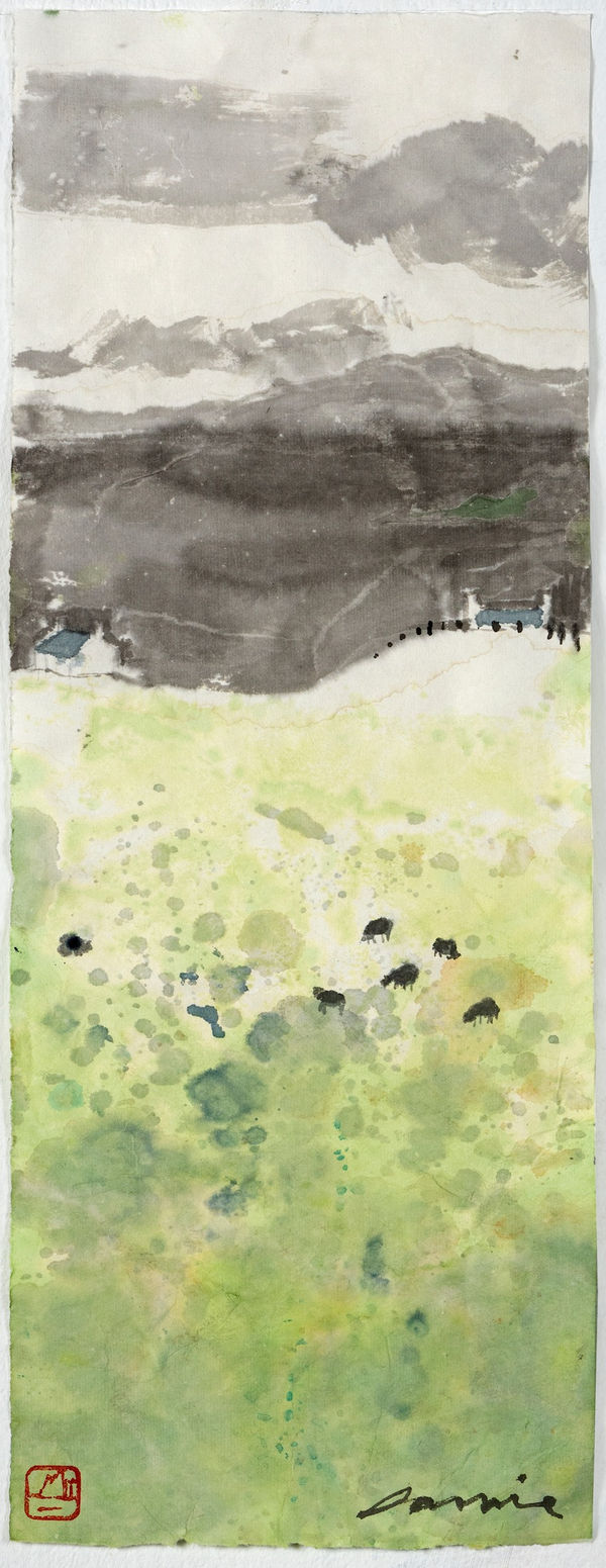 Kate Downie RSA John's Flock, Iona Ink and watercolour on xuan paper Image: 47 x 18 cm Framed: 63 x 33 cm